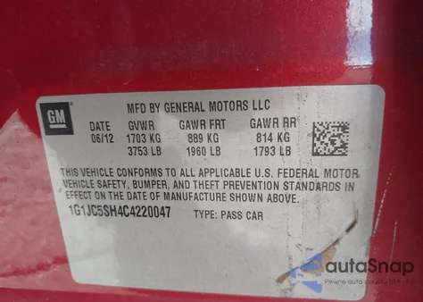 2012 Chevrolet Sonic 2Lt from USA, damaged, VIN 1G1JC5SH4C4220047